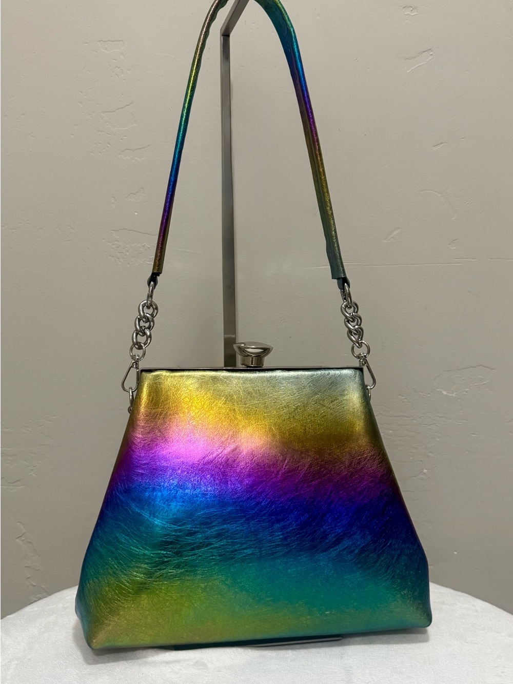 Metallic Rainbow Iridescent Leather Handmade Push Lock Boxy Bag & 2 Straps
